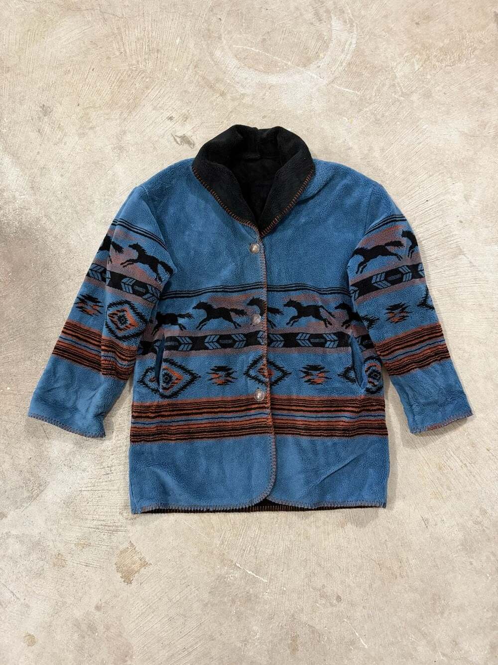 Vintage 90s Coldwater Creek Fleece Jacket Size M Blue Horse Aztec Southwestern